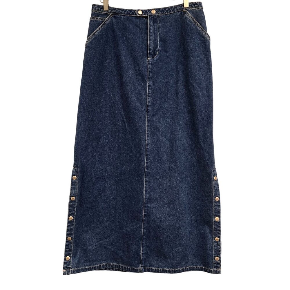 Vintage 90's Y2K Women's M Style Denim Maxi Skirt Snap Side Details Front Zipper
